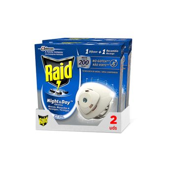 Raid ® Night & Day - Pack 2 Aparatos Electricos Anti Moscas, Mosquitos Y Hormigas. Enchufe Inoloro Con Más De 200 Horas De Protección. Incluye 2 Difusor Y 2 Recambio.