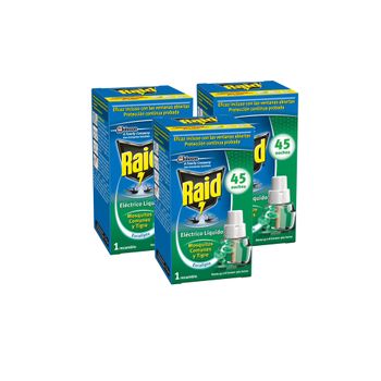 Raid ® Recambios Eléctrico Líquido 45 Noches, Pack De 3 Uds - Cargadores Para Aparato Enchufe Anti Mosquitos Comunes Y Tigre Raid Eléctrico Líquido, Hasta 270 Noches De Protección.