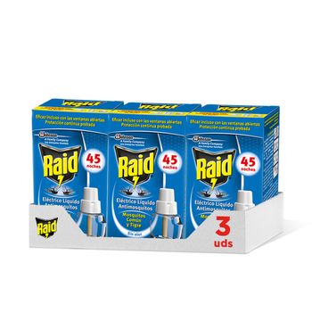 Raid ® Pack De 2+1 Recambios Eléctrico Líquido 45 Noches, Pack De 2uds - Cargadores Para Aparato Enchufe Anti Mosquitos Comunes Y Tigre Raid Eléctrico Líquido, Hasta 270 Noches De Protección.