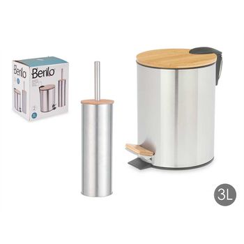 Set Papelera 3l Bambu Y Escobillero Bambu Acero