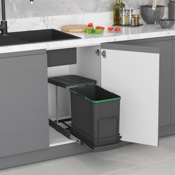 Emuca Contenedor De Reciclaje Para Fijación Inferior Y Extracción Manual/automática En Mueble De Cocina Recycle 24 Litros, Plástico Gris Antracita