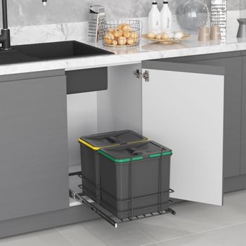 Emuca Contenedor De Reciclaje Para Fijación Inferior Y Extracción Manual En Mueble De Cocina Recycle 2x16litros, Plástico Gris Antracita