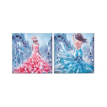 Juego De 2 Lienzos 80*80 Mujer Vestido Azul Y Rosa Flor Edificio De Fondo Boston