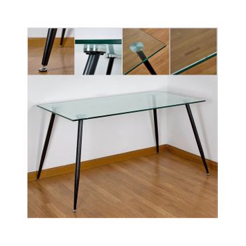 Mesa De Comedor 140cm Patas Negras Metal Cristal 10mm Lucy