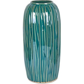 Jarron 36cm Verde Lineas Ceramica Cerdeña