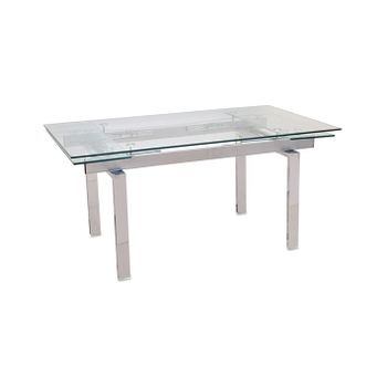 Mesa De Comedor Extensible 160/220*75*90 Pie Rectangular Plateado Cromo Cristal 10mm Moon