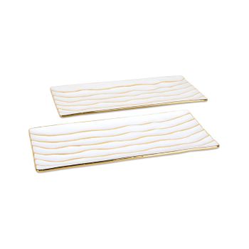 Juego De 2 Centros 40cm Ceramica Blanco Dorado Lineas Ondas  Avice