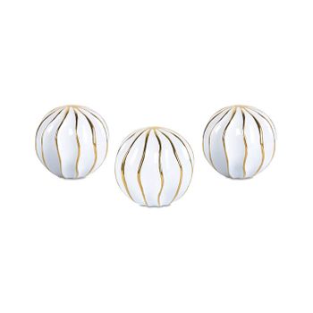 Juego De 3 Bolas 9.3cm Ceramica Blanco Y Dorado Lineas Ondas Avice