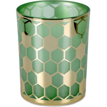 Juego De 3 Candelero Vaso 10*12.5 Cristal Hexagonos Verde/dorado Max