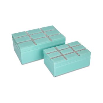 Juego De 2 Cajas De Cristal En Color Verde Agua Con Tapa Dcorada En Cuadrados De Brillantes Lucca