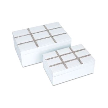 Juego De 2 Cajas De Cristal Blanco Con Tapa Decorada En Cuadrados De Brillantes Lucca