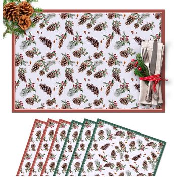 Vilber, Pack 6 Unidades, Mantel Individual. Lavable. Combinados 3 Rojos Y 3 Verdes. Motivos Navideños. Decoración De La Mesa. Piñas - 24