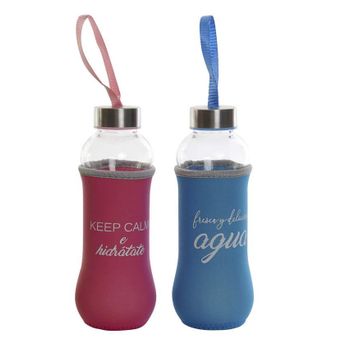 Botella Agua Con Funda De Neopreno De Colores (conjunto De 2 Botellas) Para Camping O Deportes En Cristal (disponible En Tres Combinaciones) (rosa Y Azul)