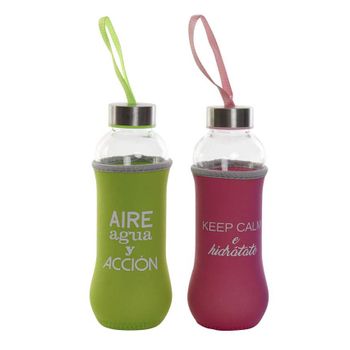 Botella Agua Con Funda De Neopreno De Colores (conjunto De 2 Botellas) Para Camping O Deportes En Cristal (disponible En Tres Combinaciones) (rosa Y Verde)