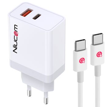 Niucom Cargador De Carga Rápida Para Móvil 36w Dual Usb Usb-c Pd Qualcomm 3.0 + Cable Usb Tipo C Color Blanco