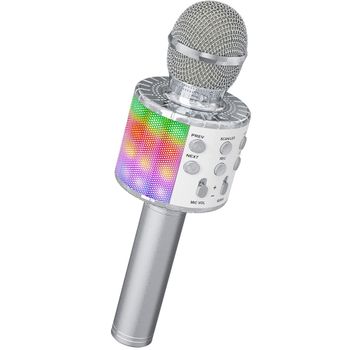 Micrófono De Karaoke Portátil Bluetooth Inalámbrico Para Móvil Con Altavoz Potente Para Música Cantar Con Luz Led (color Plateado)