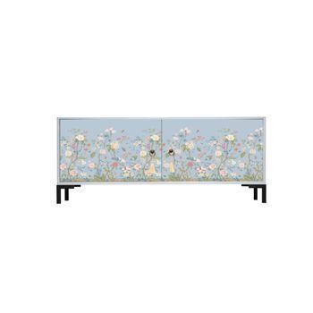 Mueble Tv 2 Puertas Lacado En Mdf Estampado Floral Gris