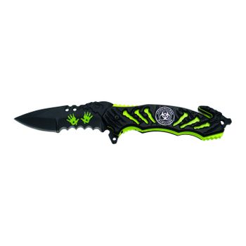 Navaja De Seguridad Asistida Third K2802, Mango De Aluminio Negro Y Amarillo Fluorescente ,chapa De Apocalypsis, Hoja De Acero 420 De 9.9 Cm Con Detalle Calavera Y Sierra, Y Cutter Cinturón De Seguridad, Punta Rompevidrio