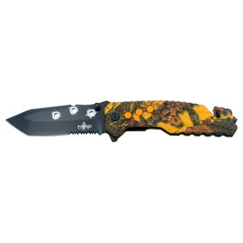 Navaja De Seguridad Asistida Third K2801cyl, Mango De Aluminio Recubierto Con Camo Amarillo Y Hoja De Acero 420 De 10.2 Cm, Con Cutter Cinturón De Seguridad Y Punta Rompevidrio.