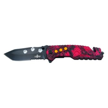 Navaja De Seguridad Asistida Third K2801crds, Mango De Aluminio Recubierto Con Camo Rojo Y Hoja De Acero 420 De 10.2 Cm Con Sierra, Con Cutter Cinturón De Seguridad Y Punta Rompevidrio.