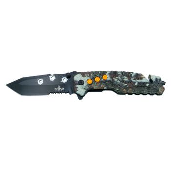 Navaja De Seguridad Asistida Third K2801csls, Mango De Aluminio Recubierto Con Camo Gris Y Hoja De Acero 420 De 10.2 Cm Con Sierra, Con Cutter Cinturón De Seguridad Y Punta Rompevidrio.