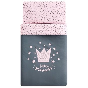 Set 3 Piezas Funda Nórdica Con Relleno + Funda Almohada + Protector Cuna 100x135 Cm Little Crown Rosa Pekebaby