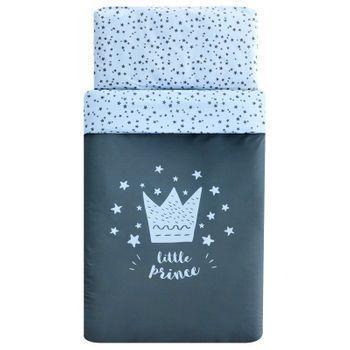 Set 3 Piezas Funda Nórdica Con Relleno + Funda Almohada + Protector Cuna 100x135 Cm Little Crown Azul Pekebaby