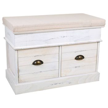 Banqueta Baul De Madera  Blanco Envejecido De 2 Cajones