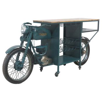 Barra Botellero Moto De Madera Y Metal Azul 210x45x100