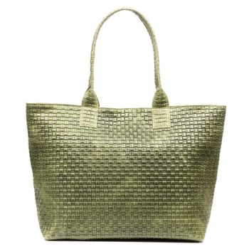 Bolso Firenze Artegiani Albisola De Hombro De Mujer. Piel Auténtica Acabado Gamuza Grabado Entrelazado. Fabricado En Italia 36,5x16x31 Cm. Color: Verde