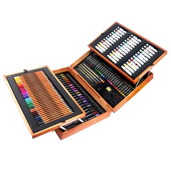 Set De Bellas Artes Dam Profesional 174 Piezas En Maletín De Madera Deluxe. Incluye Lápices, Tubos Pintura Acrílica,ceras ,rotuladores, Pinceles  Y Accesorios. 47x11,5x35 Cm. Color: Camuflaje Marrón