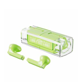 Auriculares Damtws  D32 Con Pantalla Indicadora De Carga, Con Modo Música Y Modo Gaming De Baja Latencia. Base De Carga Transparente De 200mah. 7,5x2,5x3 Cm. Color: Verde