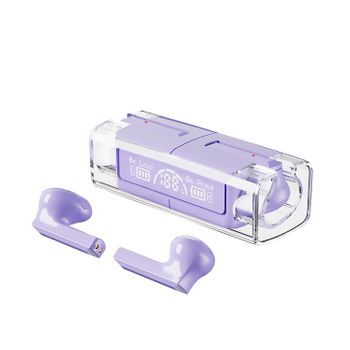 Auriculares Damtws  D32 Con Pantalla Indicadora De Carga, Con Modo Música Y Modo Gaming De Baja Latencia. Base De Carga Transparente De 200mah. 7,5x2,5x3 Cm. Color: Morado