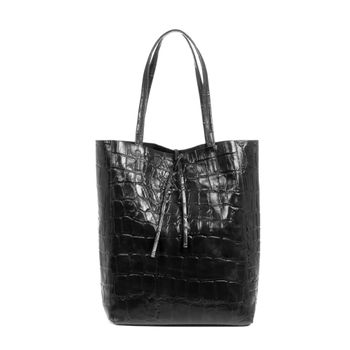 Bolso Shopper  Firenze Artegiani Sefora Mujer.piel Auténtica Gamuza Grabado Cocodrilo Grande  Fabricado En Italia 38x16x37 Cm. Color: Negro