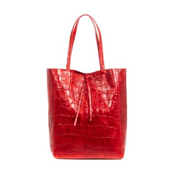 Bolso Shopper Firenze Artegiani Sefora Mujer.piel Auténtica Gamuza Grabado Cocodrilo Grande  Fabricado En Italia 38x16x37 Cm. Color: Rojo