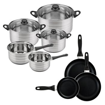 Batería De Cocina Sip 8 Piezas (dos Cazos + Tres Ollas Con Tapa De Vidrio) Con Set De 3 Sartenes Ø16/20/24 Cms., Inducción