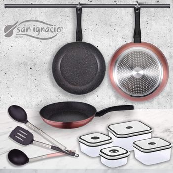 SET 3 SARTENES (Ø18+Ø22+Ø26cm) Y 3 UTENSILIOS DE COCINA ZAHARA