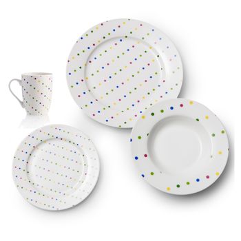 Set Vajilla 18 Pzs. Con Decoración A Puntos En Loza: 6 Servicios Completos Y 4 Tazas Mugs.