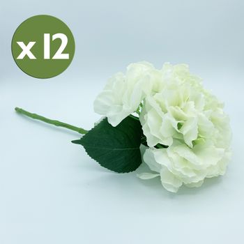 Pack 12 Ramos Hortensias Tacto Natural 42 Cm, Flores Ø20 Cm Blanco