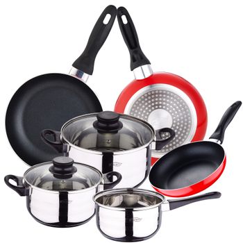 Set Cocina Inox 5 Pc Y 3 Sartenes 16/20/24 Rojo Aluminio, Inducción.