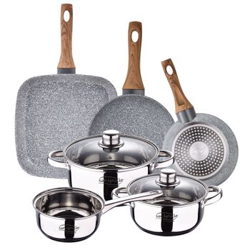 Set Batería 5 Piezas + Set 2 Sartenes 18/20 + Asador 28x28 Cms