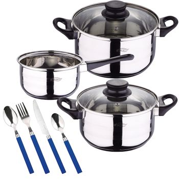 Set Cocina 5 Pzs. San Ignacio Inox + Cubiertos 24 Piezas Inox Azul. Gran Calidad Y Diseño.