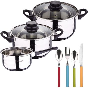 Set Cocina: Batería 5 Pzas. San Ignacio Y Cubiertos 24 Pzas. Ac. Inox. Varios Colores.