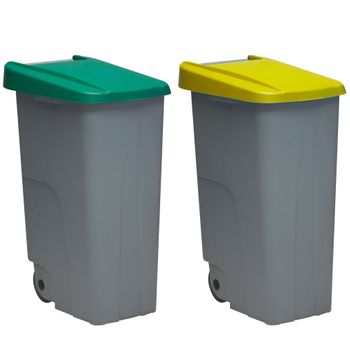 2 Cubos De Reciclaje Plástico Denox Con Ruedas Verde/amarillo