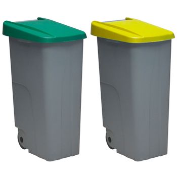 2 Cubos De Reciclaje Plástico Denox Con 110l C/u Ruedas Verde/amarillo