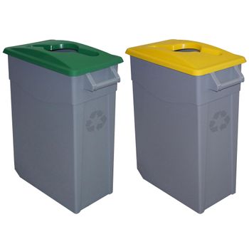 2 Cubos De Reciclaje Plástico Denox Con Tapa Abierta Y Ruedas 65l C/u