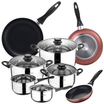 Set Cocina San Ignacio: 8 Pzs.  Acero Inox, 3 Sartenes Aluminio Aptas Induc. Ø16/20/24 Cm.