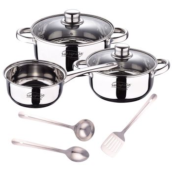 Set Acero Inox. 5pcs: Cazo,cacerolas Y 3 Utensilios Cocina Ai.