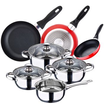 Set Batería Cocina 7 Piezas Acero Inox. +juego Sartenes 16/20/24 Cm.