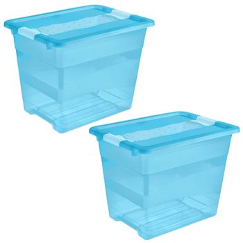 2x Cubo De Almacenaje Con Tapa, Plástico, Azul Transparente, 24 L